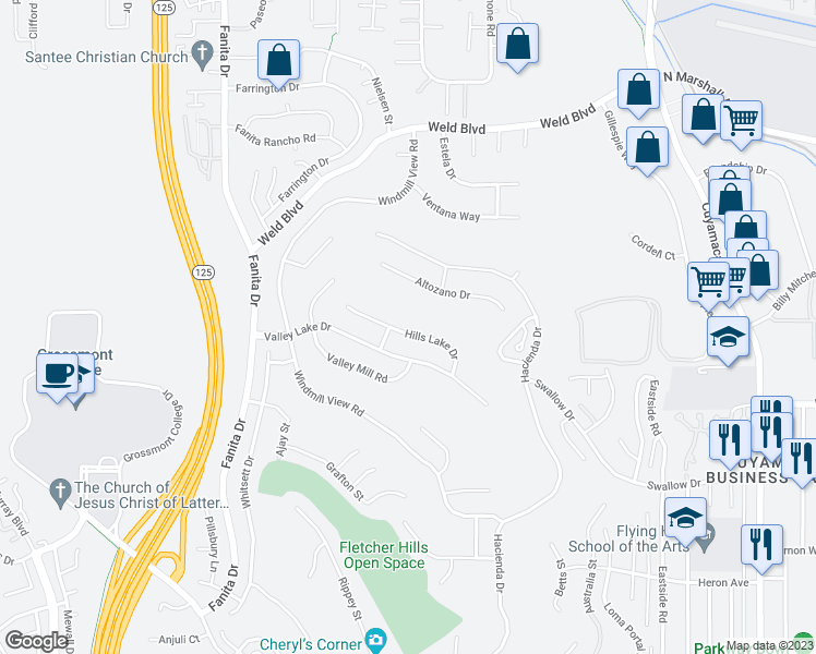 map of restaurants, bars, coffee shops, grocery stores, and more near 2168 Hills Lake Drive in El Cajon