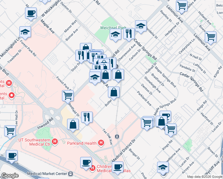 map of restaurants, bars, coffee shops, grocery stores, and more near 5502 Maple Avenue in Dallas