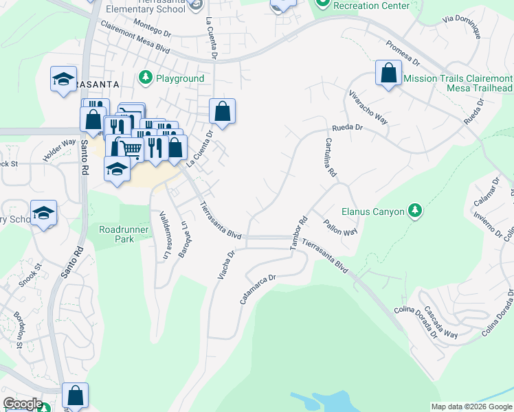 map of restaurants, bars, coffee shops, grocery stores, and more near 10816 Maestria Court in San Diego