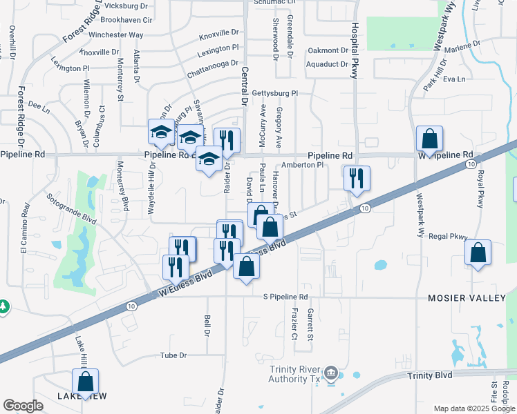 map of restaurants, bars, coffee shops, grocery stores, and more near 1206 Paula Lane in Euless