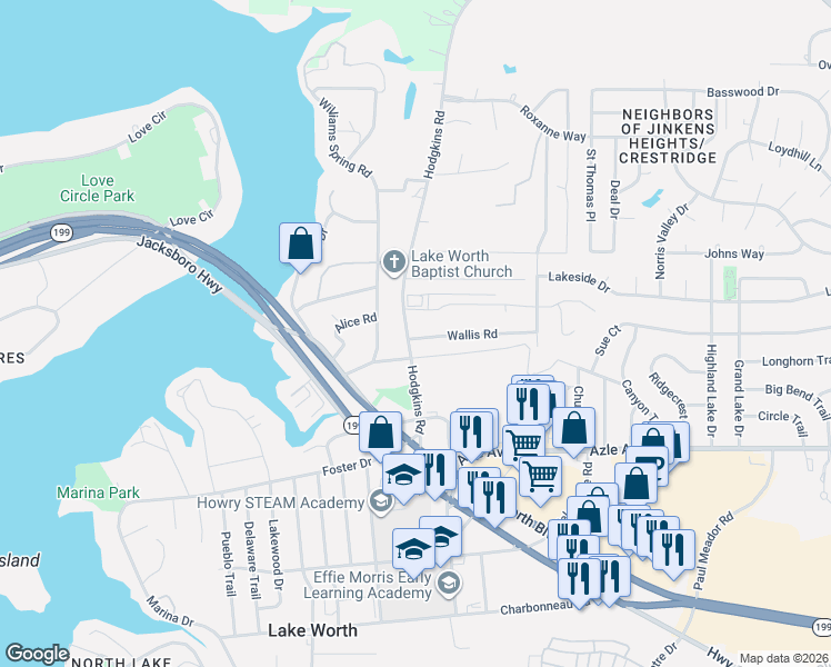 map of restaurants, bars, coffee shops, grocery stores, and more near 4408 Hodgkins Road in Fort Worth