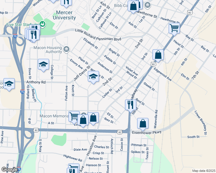 map of restaurants, bars, coffee shops, grocery stores, and more near 1954 2nd Street in Macon