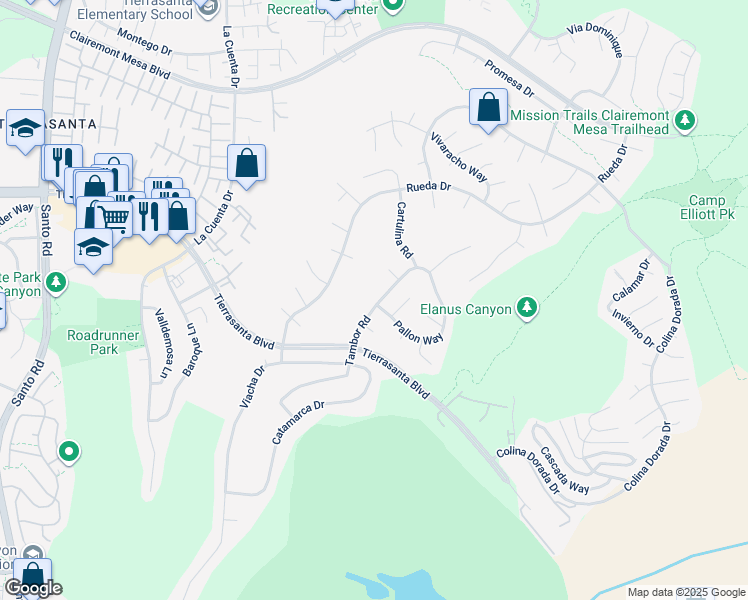 map of restaurants, bars, coffee shops, grocery stores, and more near 4114 Tambor Road in San Diego