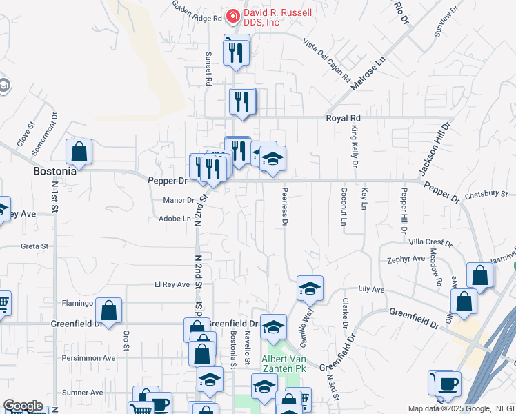map of restaurants, bars, coffee shops, grocery stores, and more near 1351 Pepper Drive in El Cajon
