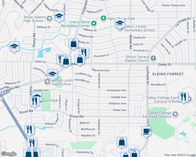 map of restaurants, bars, coffee shops, grocery stores, and more near 2445 Lockhart Avenue in Dallas