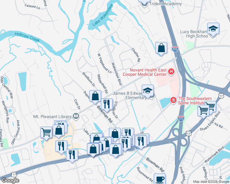 map of restaurants, bars, coffee shops, grocery stores, and more near 1308 State Road S-10-56 in Mount Pleasant