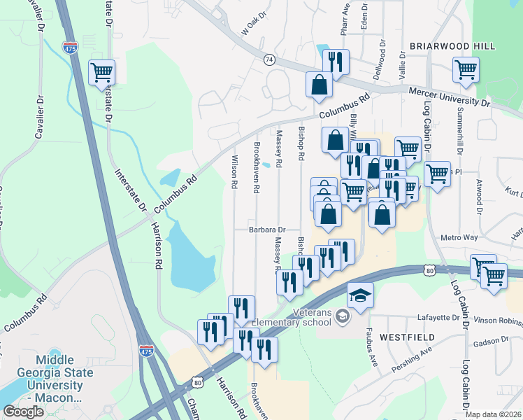 map of restaurants, bars, coffee shops, grocery stores, and more near 4611 Massey Road in Macon