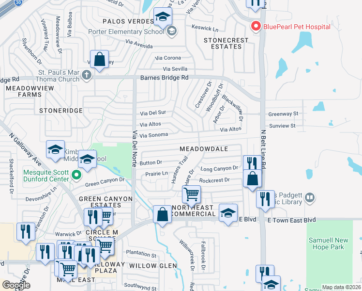 map of restaurants, bars, coffee shops, grocery stores, and more near 429 Hardwood Trail in Mesquite