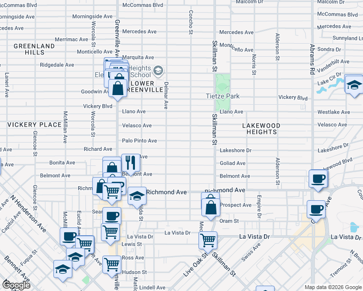 map of restaurants, bars, coffee shops, grocery stores, and more near 5917 Palo Pinto Avenue in Dallas