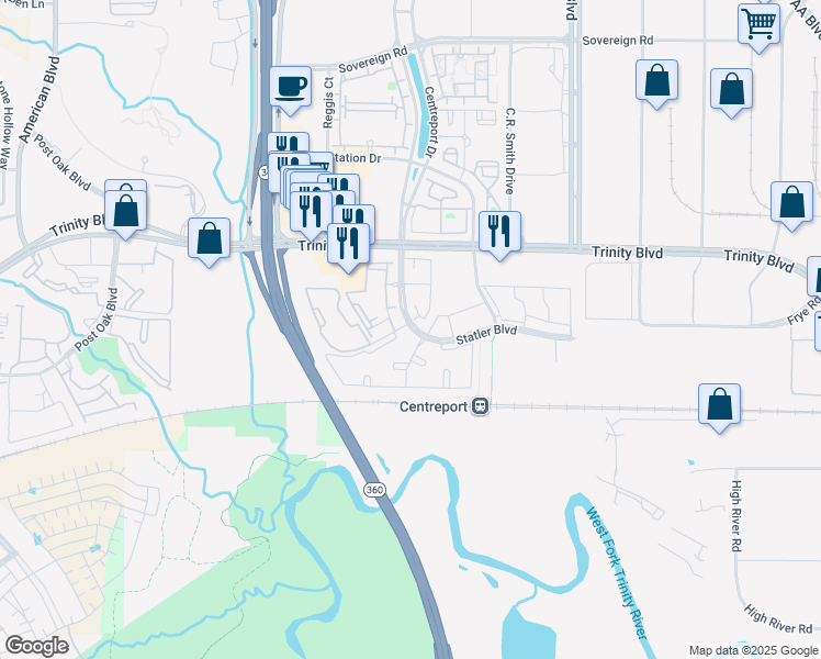 map of restaurants, bars, coffee shops, grocery stores, and more near 10 Centreport Drive in Fort Worth