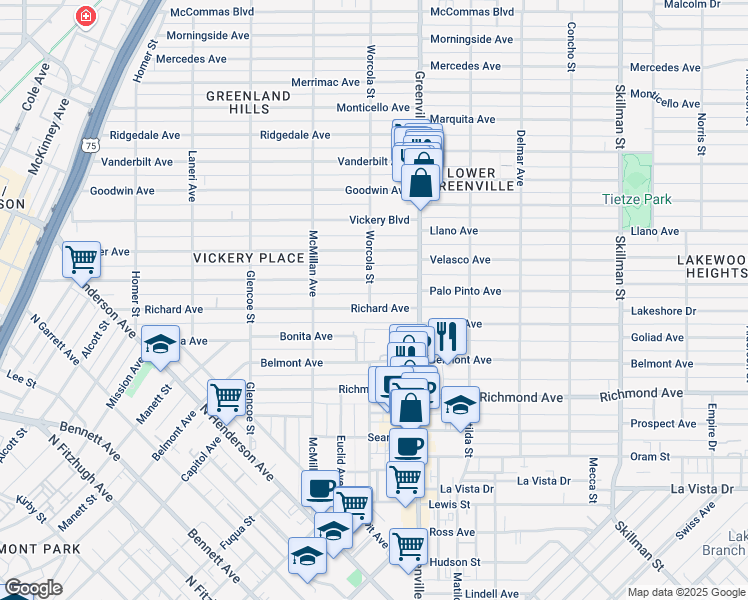 map of restaurants, bars, coffee shops, grocery stores, and more near 5548 Willis Avenue in Dallas
