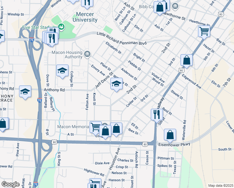 map of restaurants, bars, coffee shops, grocery stores, and more near 2051 2nd Street in Macon