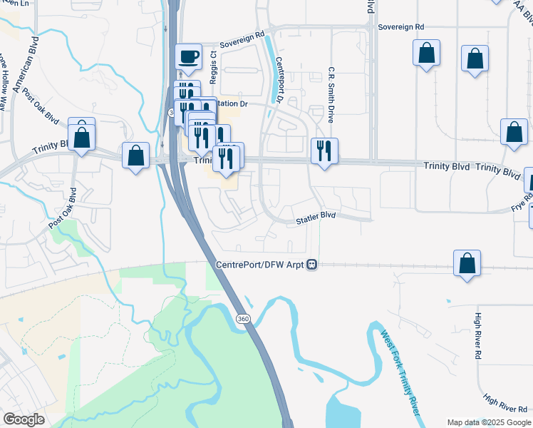 map of restaurants, bars, coffee shops, grocery stores, and more near 10 Centreport Drive in Fort Worth