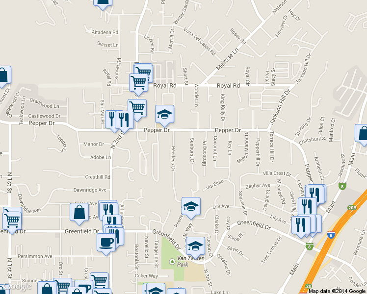 map of restaurants, bars, coffee shops, grocery stores, and more near 1647 Peerless Drive in El Cajon