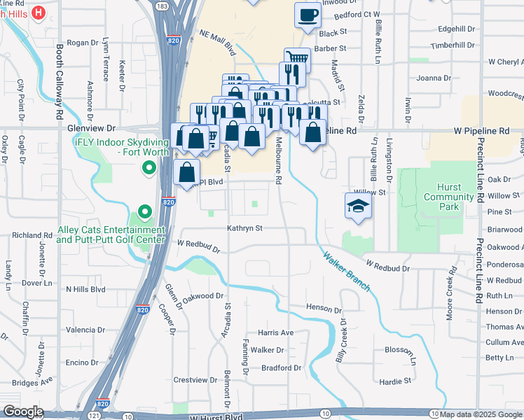 map of restaurants, bars, coffee shops, grocery stores, and more near 608 Arcadia Street in Hurst