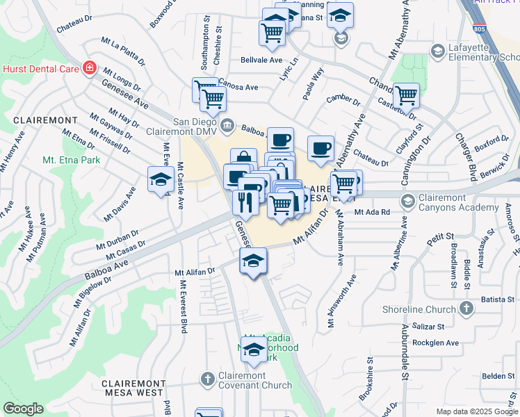 map of restaurants, bars, coffee shops, grocery stores, and more near 5575 Balboa Avenue in San Diego