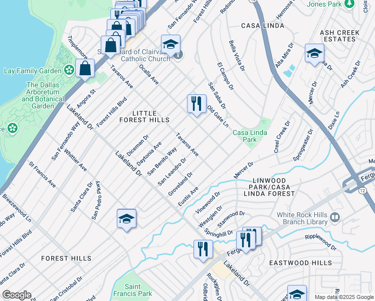 map of restaurants, bars, coffee shops, grocery stores, and more near 8911 San Leandro Drive in Dallas