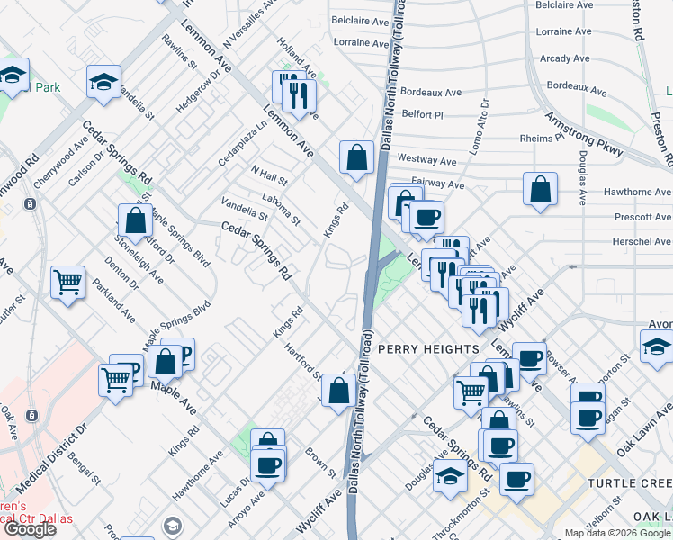 map of restaurants, bars, coffee shops, grocery stores, and more near 4606 Cedar Springs Road in Dallas
