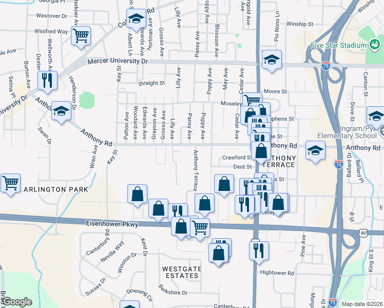 map of restaurants, bars, coffee shops, grocery stores, and more near 1616 Anthony Road in Macon