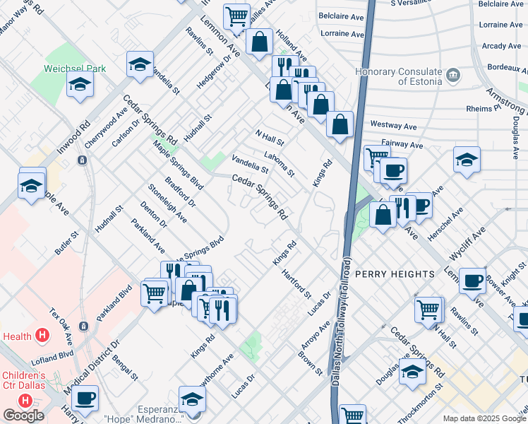 map of restaurants, bars, coffee shops, grocery stores, and more near 4850 Cedar Springs Road in Dallas