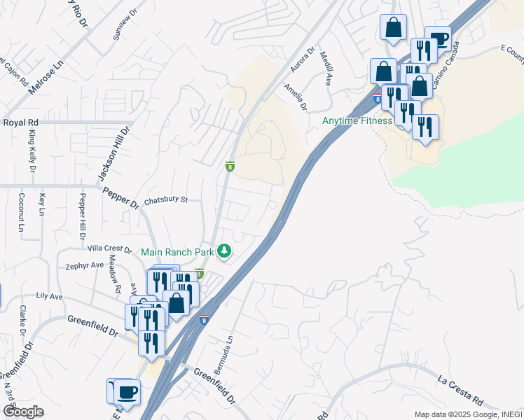 map of restaurants, bars, coffee shops, grocery stores, and more near 1660 Lomacita Terrace in El Cajon