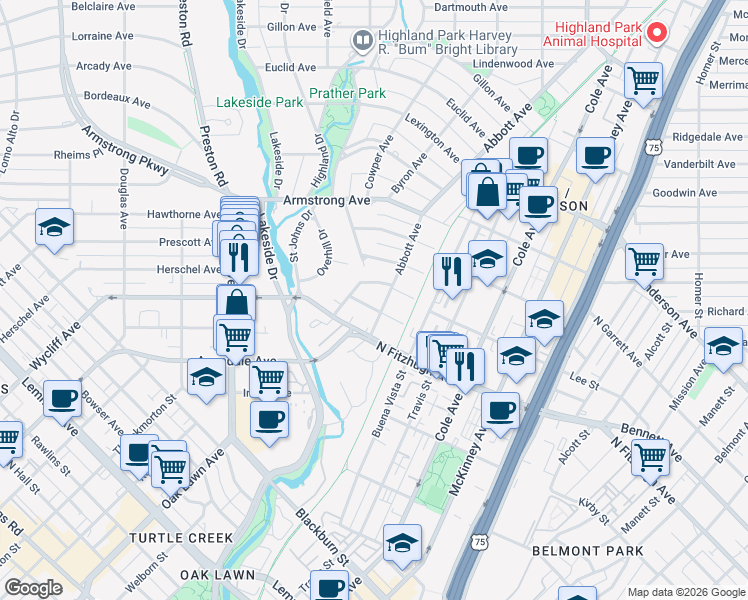 map of restaurants, bars, coffee shops, grocery stores, and more near 3622 Edgewater Street in Dallas