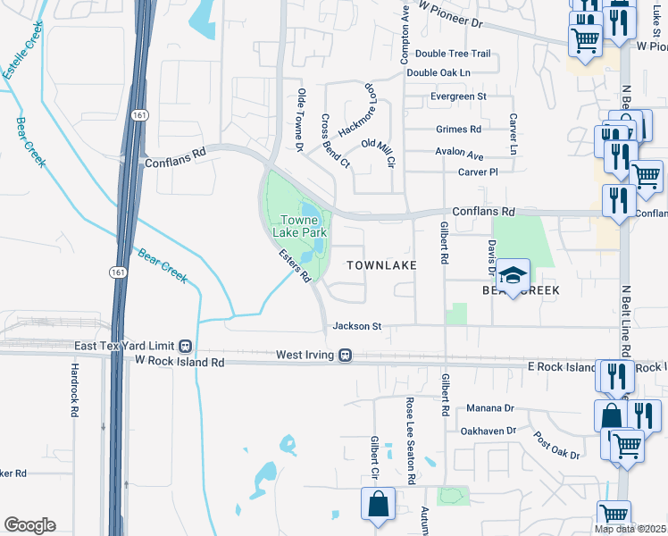map of restaurants, bars, coffee shops, grocery stores, and more near 724 Olde Towne Drive in Irving