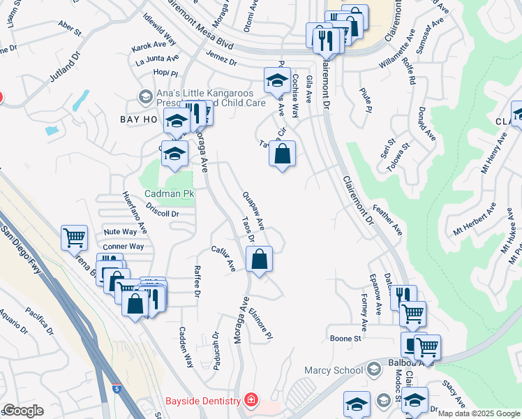 map of restaurants, bars, coffee shops, grocery stores, and more near 4229 Quapaw Avenue in San Diego