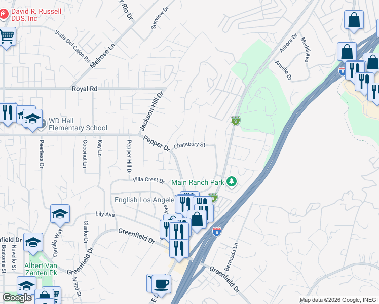 map of restaurants, bars, coffee shops, grocery stores, and more near 1687 Chatsbury Street in El Cajon