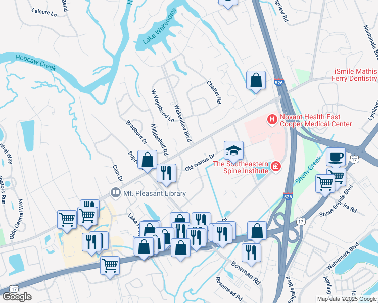 map of restaurants, bars, coffee shops, grocery stores, and more near 790 Dunloe Court in Mount Pleasant