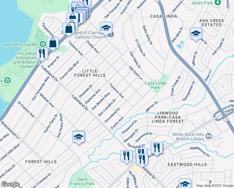 map of restaurants, bars, coffee shops, grocery stores, and more near 8911 San Leandro Drive in Dallas