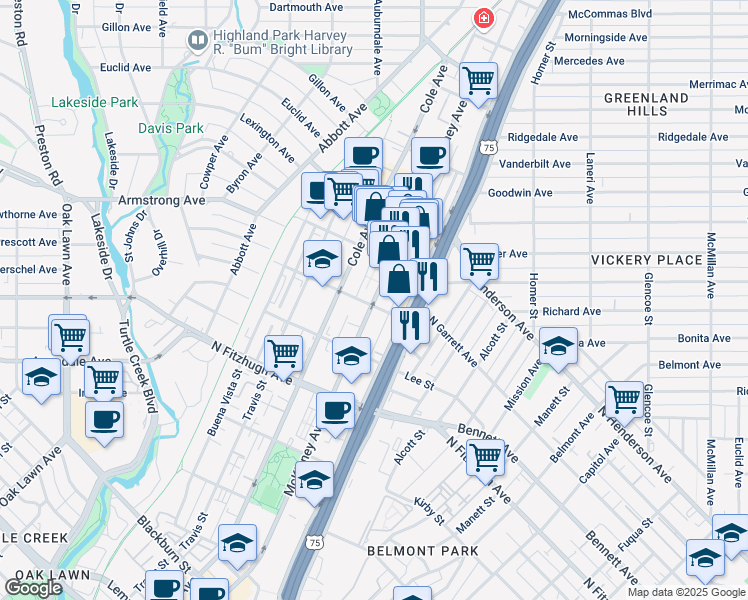 map of restaurants, bars, coffee shops, grocery stores, and more near 4438 McKinney Avenue in Dallas