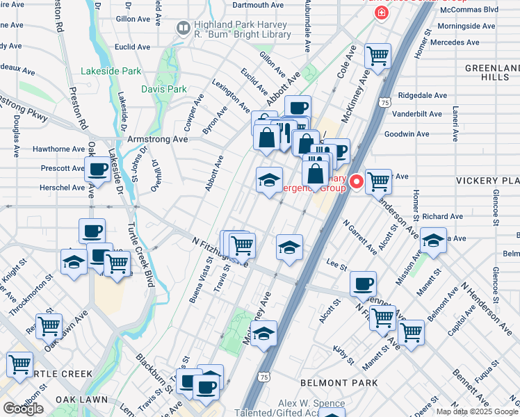 map of restaurants, bars, coffee shops, grocery stores, and more near 4338 Travis Street in Dallas