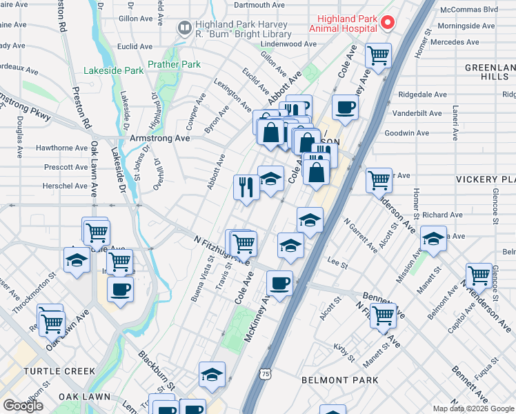 map of restaurants, bars, coffee shops, grocery stores, and more near 4338 Travis Street in Dallas