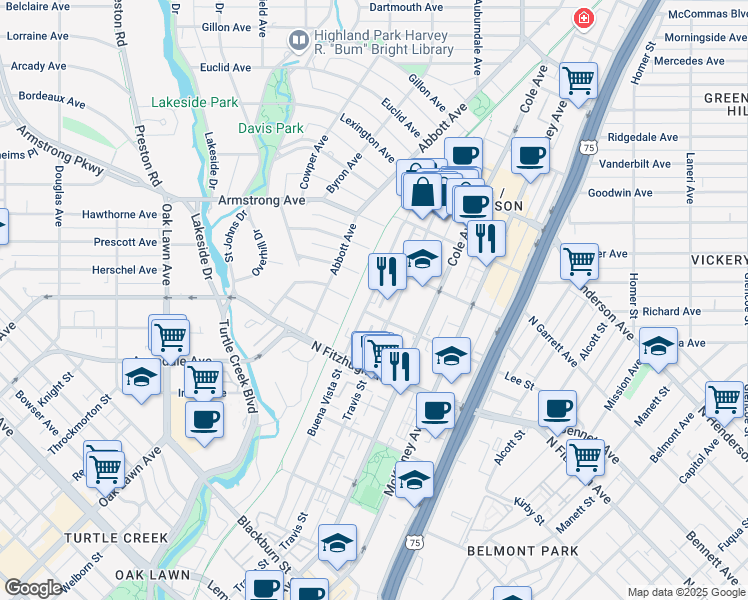 map of restaurants, bars, coffee shops, grocery stores, and more near 2 Katy Trail in Dallas
