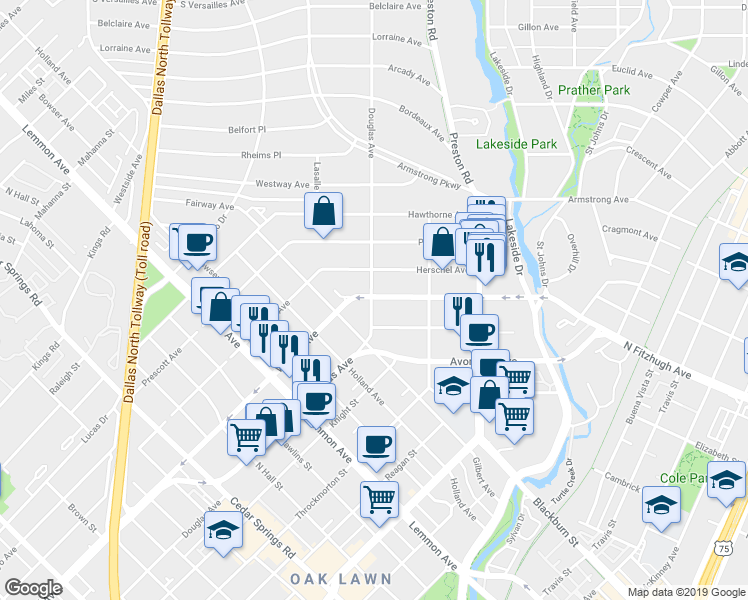map of restaurants, bars, coffee shops, grocery stores, and more near 4220 Douglas Avenue in Dallas
