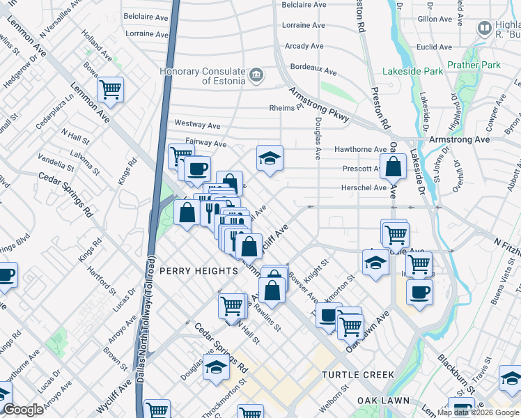 map of restaurants, bars, coffee shops, grocery stores, and more near 3721 Herschel Avenue in Dallas