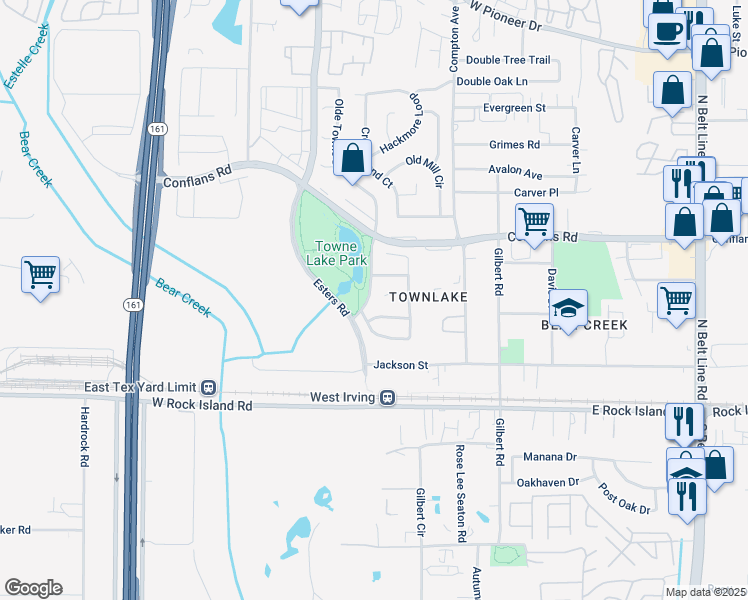 map of restaurants, bars, coffee shops, grocery stores, and more near 724 Olde Towne Drive in Irving