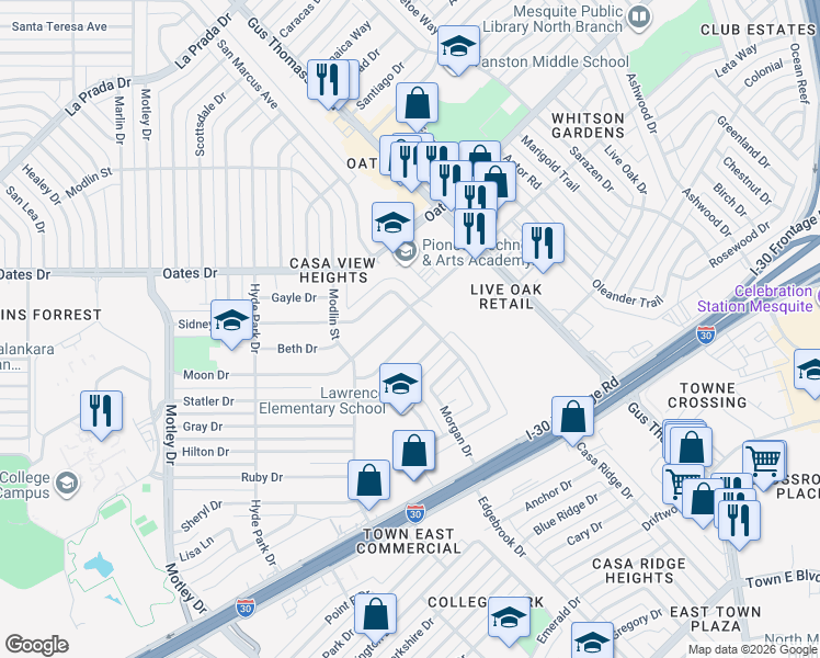 map of restaurants, bars, coffee shops, grocery stores, and more near 3209 Moon Drive in Mesquite
