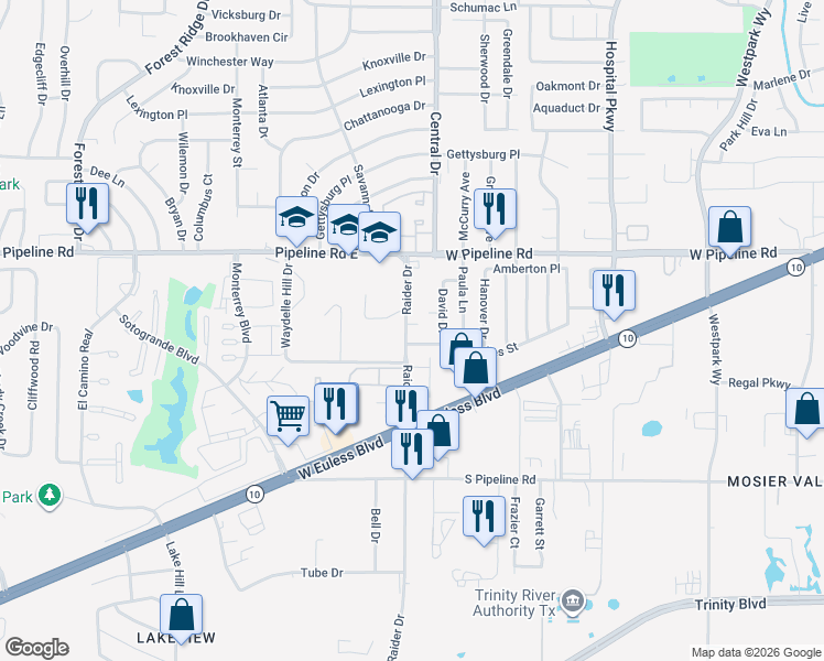 map of restaurants, bars, coffee shops, grocery stores, and more near 3004 Raider Court in Euless