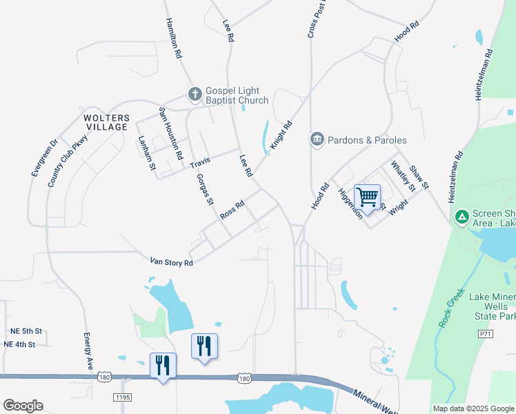 map of restaurants, bars, coffee shops, grocery stores, and more near 228 Lee Road in Mineral Wells