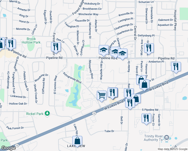 map of restaurants, bars, coffee shops, grocery stores, and more near 1311 Monterrey Boulevard in Euless