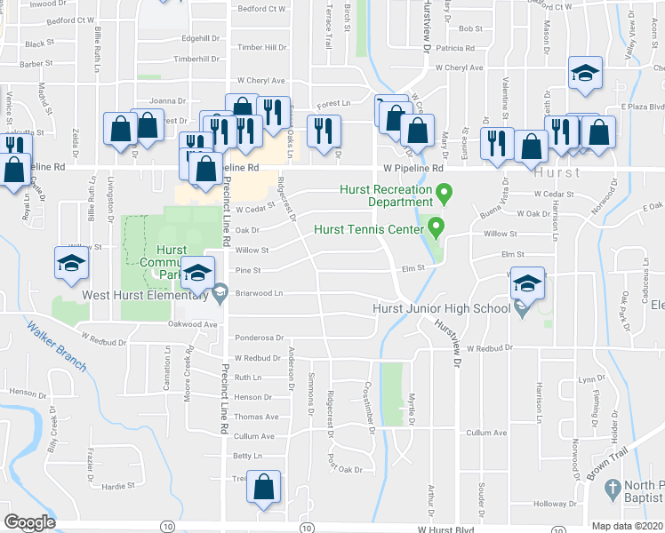 map of restaurants, bars, coffee shops, grocery stores, and more near 648 Elm Street in Hurst