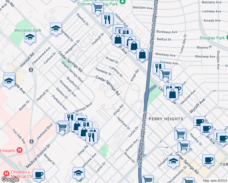 map of restaurants, bars, coffee shops, grocery stores, and more near 4845 Cedar Springs Road in Dallas