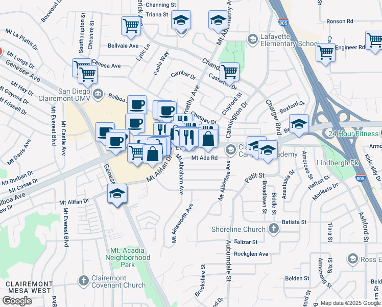 map of restaurants, bars, coffee shops, grocery stores, and more near 6137 Balboa Avenue in San Diego