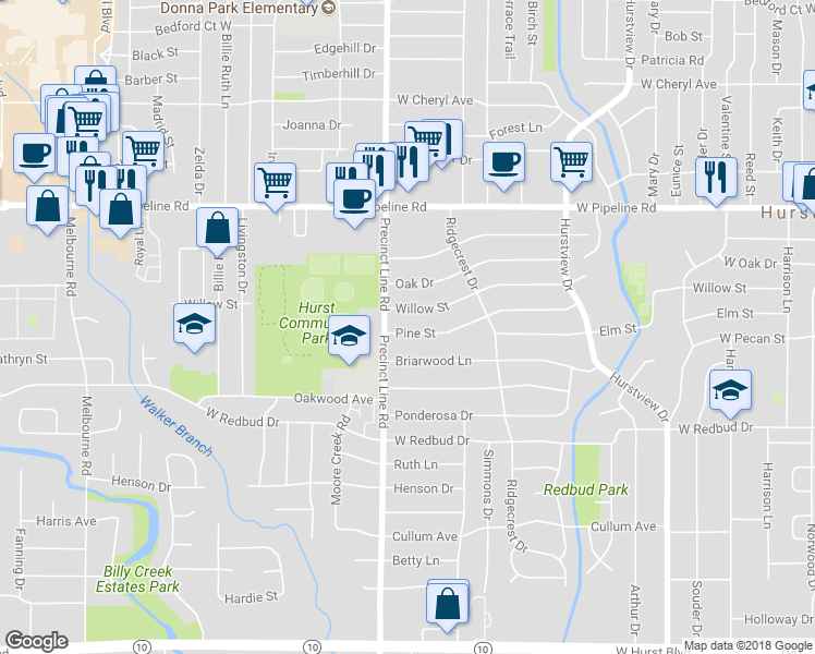 map of restaurants, bars, coffee shops, grocery stores, and more near 756 Pine Street in Hurst