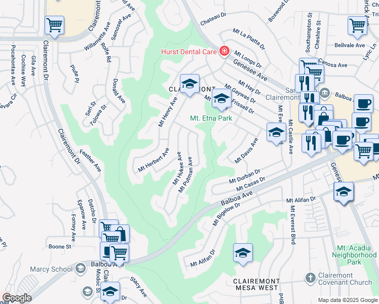 map of restaurants, bars, coffee shops, grocery stores, and more near 4333 Mount Putman Avenue in San Diego