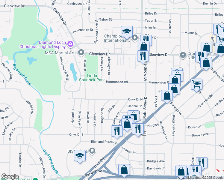 map of restaurants, bars, coffee shops, grocery stores, and more near 3836 Harmonson Court in North Richland Hills