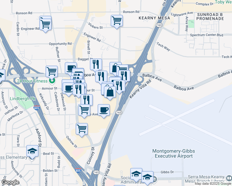 map of restaurants, bars, coffee shops, grocery stores, and more near 4380 Kearny Mesa Road in San Diego