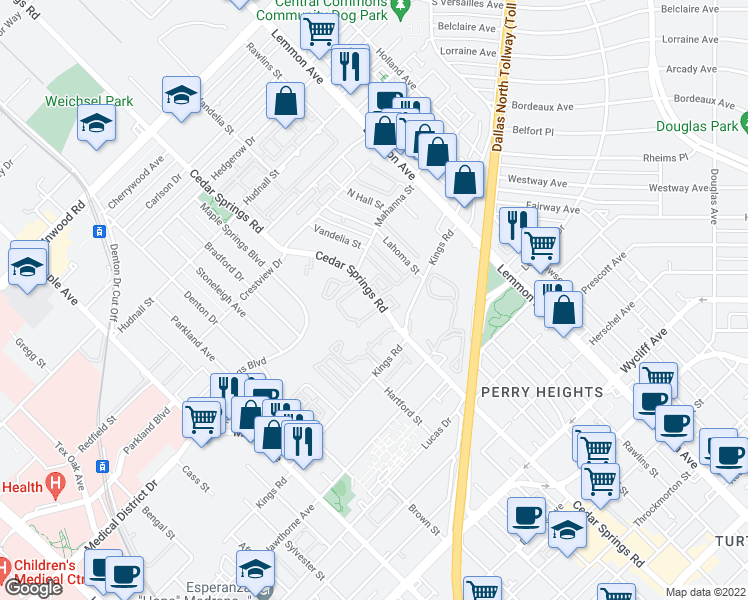 map of restaurants, bars, coffee shops, grocery stores, and more near 4837 Cedar Springs Road in Dallas